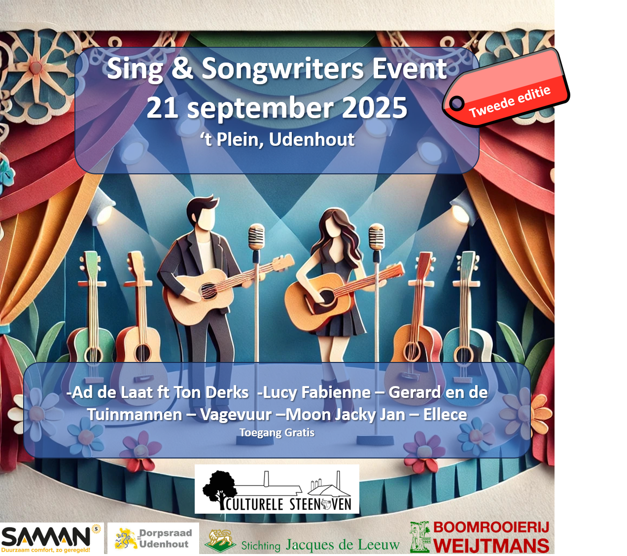 Tweede editie sing en songwriters 2025 De Culturele Steenoven voor de tweede keer een middag vol akoestische muziek, talent en beleving in ’t Plein, Udenhout.